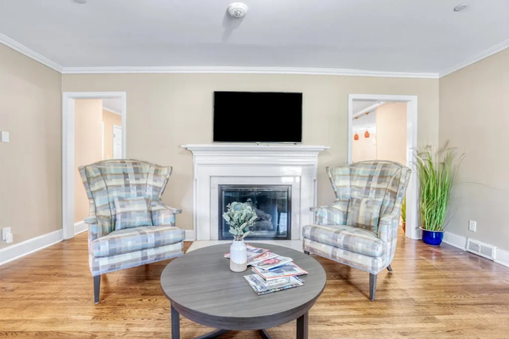 Living room area at Brownstone Family Care shown as part of our assisted living Charlotte NC resources for families exploring senior care options.