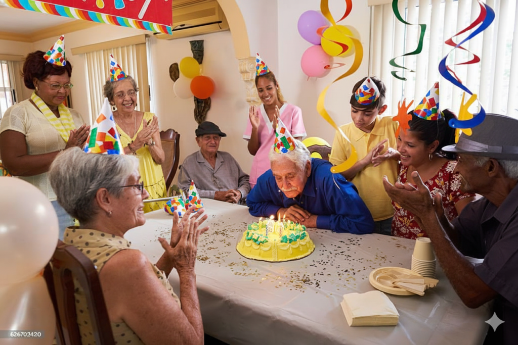 Residents and families celebrating a birthday together as part of assisted living amenities at Brownstone Family Care in assisted living Charlotte NC.